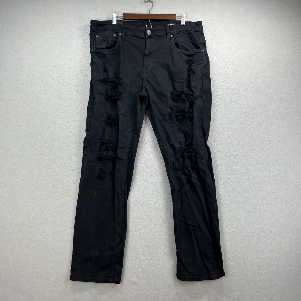 Copper Rivet Slim Straight Jeans Mens 38x32 Black Denim Distressed Ripped Y2K